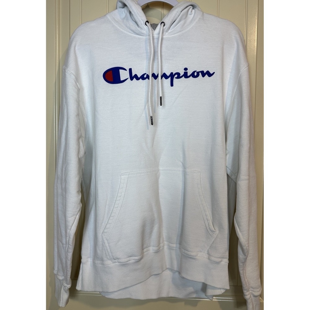 Champion white spellout hooded sweatshirt hoodie sz L athletic school gym casual